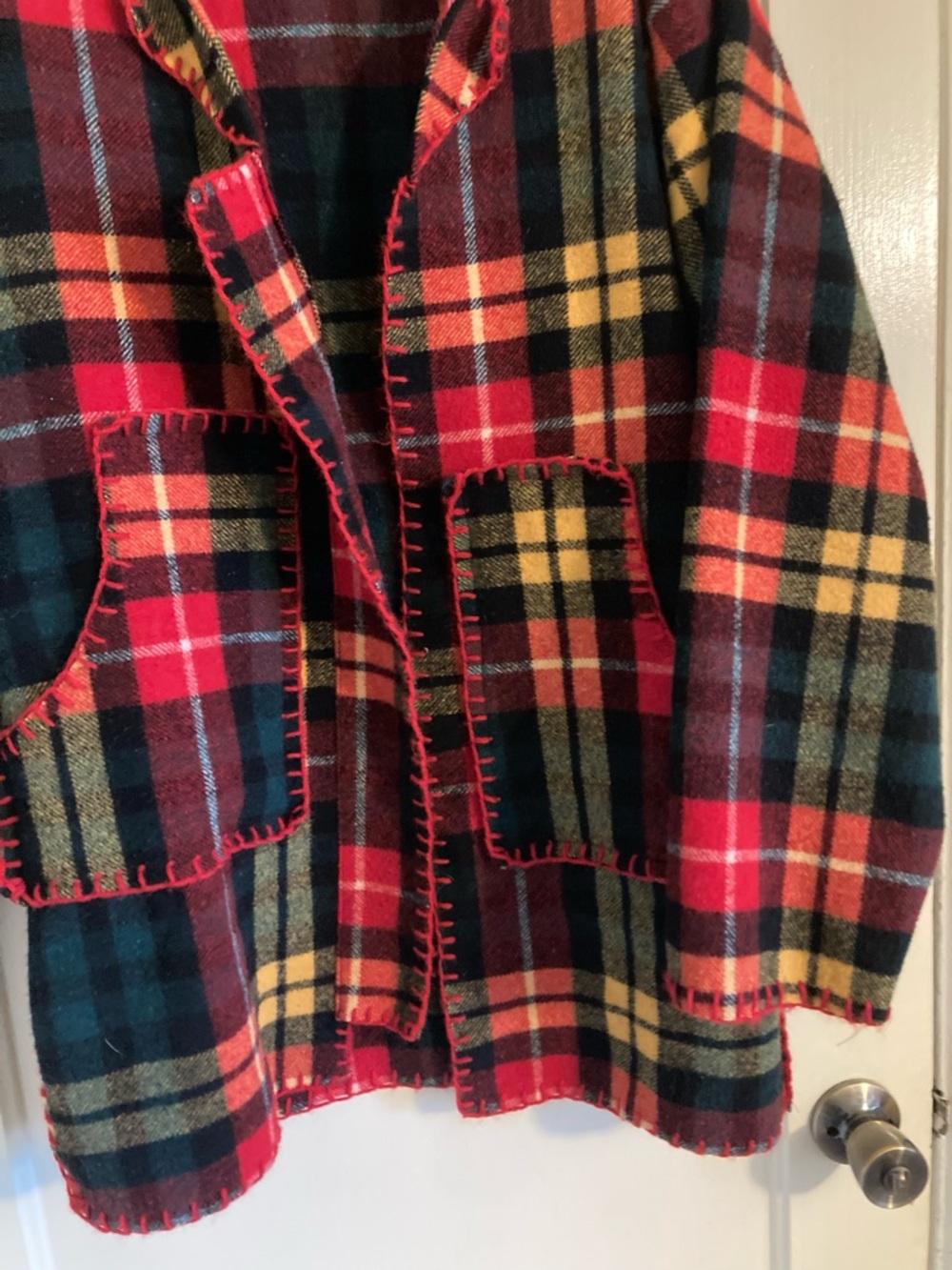 Vintage Handmade Wool Blanket Jacket Red Green Yellow Plaid Long Coat - Picture 5 of 6